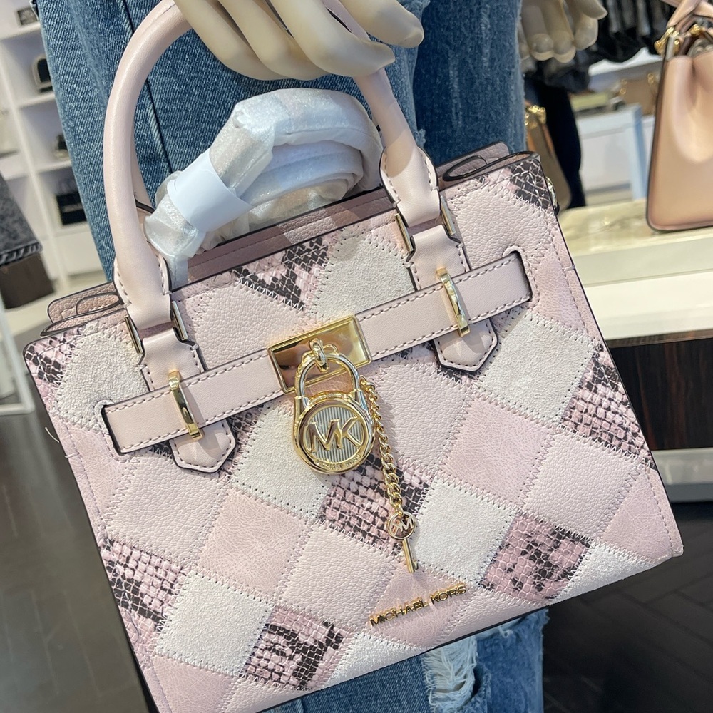 MICHAEL KORS Hamilton Sm Patchwork Snake Embossed Satchel Crossbody
Powder 
NWT